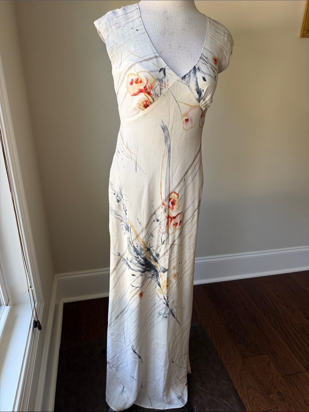 Cream Floral V-Neck Maxi Dress with Subtle Watercolor Print
